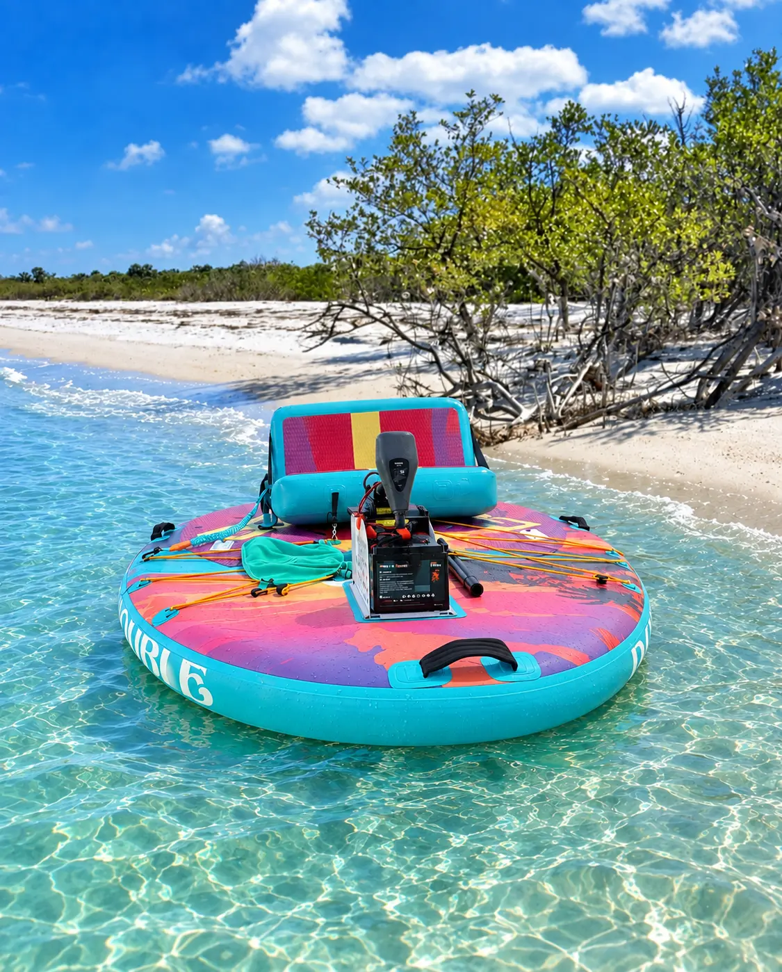 A Coastal Cruisers double GoBoat floating on clear turquoise shallows beside a white sand island